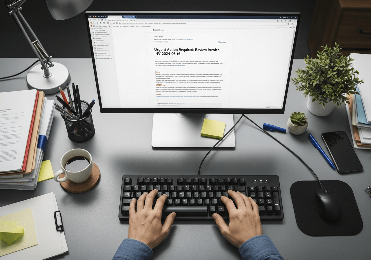 Hands typing at keyboard with phishing email visible on computer monitor screen