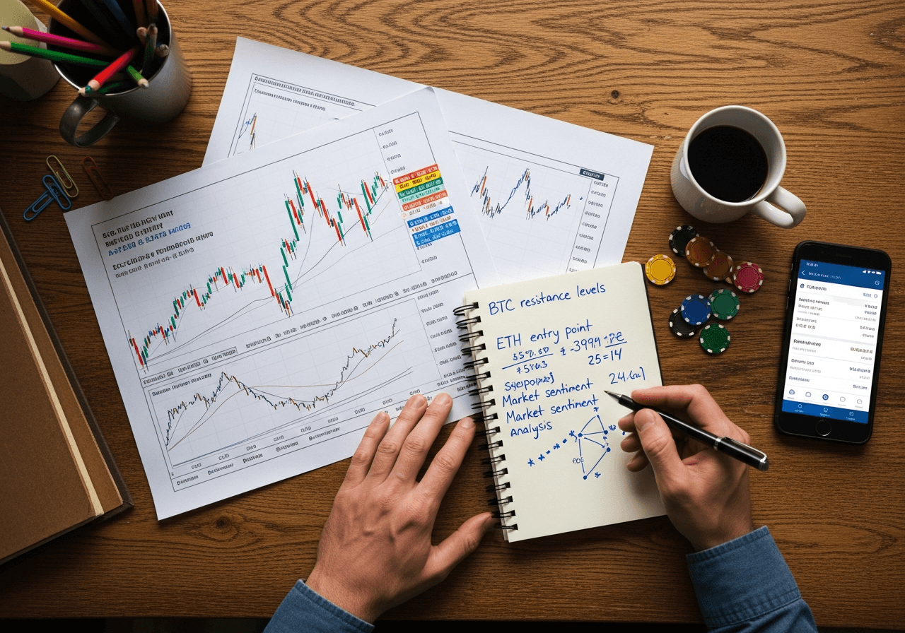Cryptocurrency trading charts and crypto wallet setup on desk with smartphone