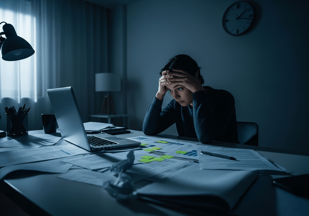 Stressed person checking time on wall clock while working at laptop in home office