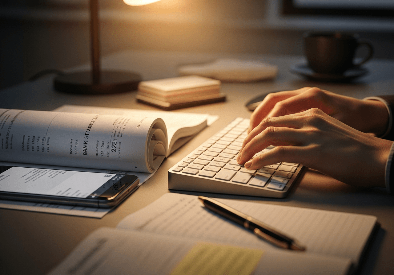 Close-up of hands typing on keyboard with bank statement and phone visible