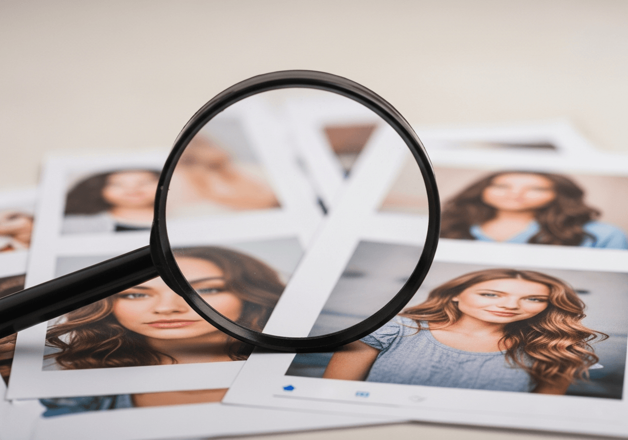 Magnifying glass examining suspicious profile photos scattered across workspace