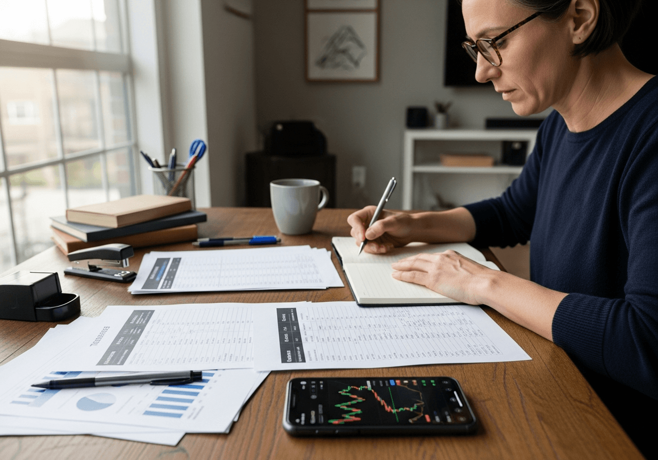 Person reviewing financial documents and cryptocurrency investment records at home office desk