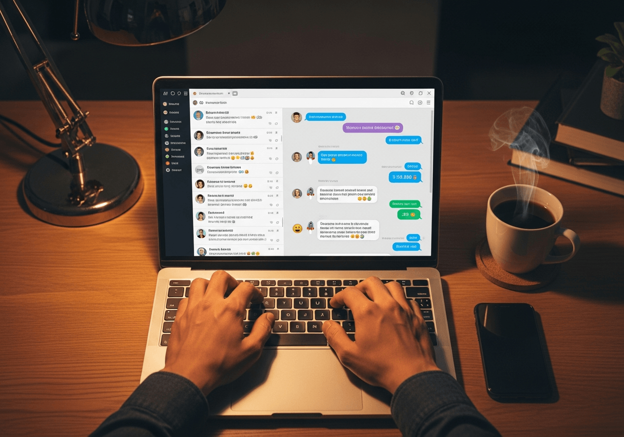 Overhead view of hands typing on laptop with fake investment group chat displayed on screen