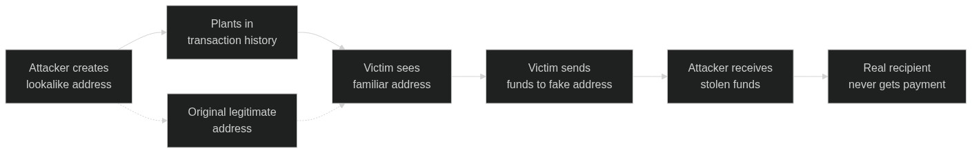 Wallet history diagram highlighting near-identical first and last four characters of a spoofed address