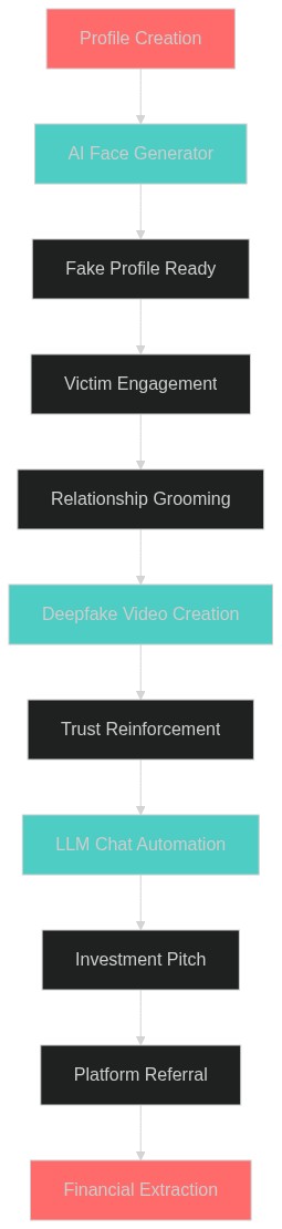 Flowchart diagram showing AI tool integration in pig butchering scam pipeline across profile creation, grooming, and investment phases