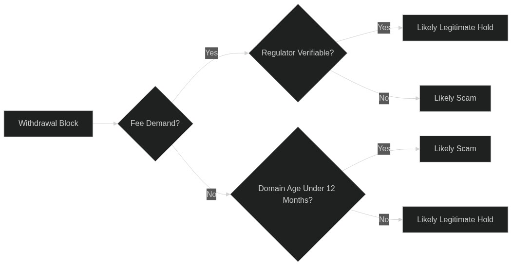 Decision tree helping victims determine whether a blocked withdrawal is a scam or a genuine platform compliance issue