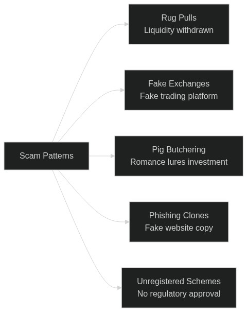 Grid of five crypto scam types and the specific signals that expose each