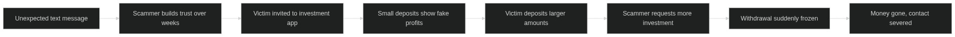 Timeline showing the pig-butchering scam progression from initial stranger contact to fund disappearance