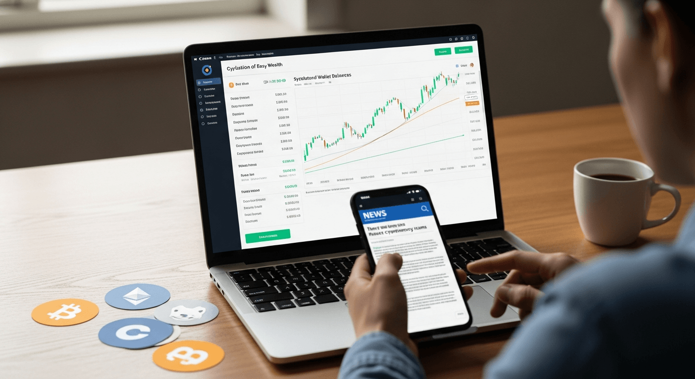 Close-up of fake crypto trading bot dashboard on laptop with suspicious profit charts displayed