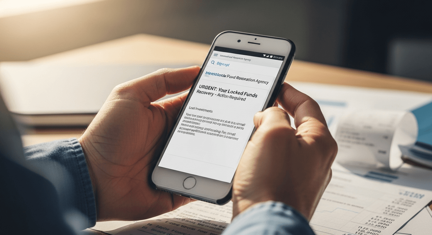 Person examining suspicious fund recovery email on smartphone at cluttered desk with financial documents