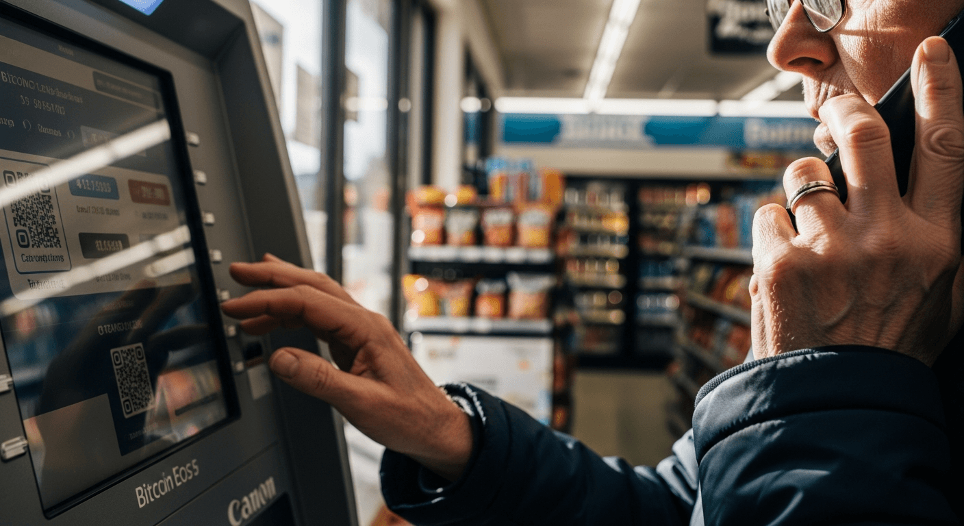 Older adult's hands at Bitcoin ATM while on phone call, showing confusion and concern