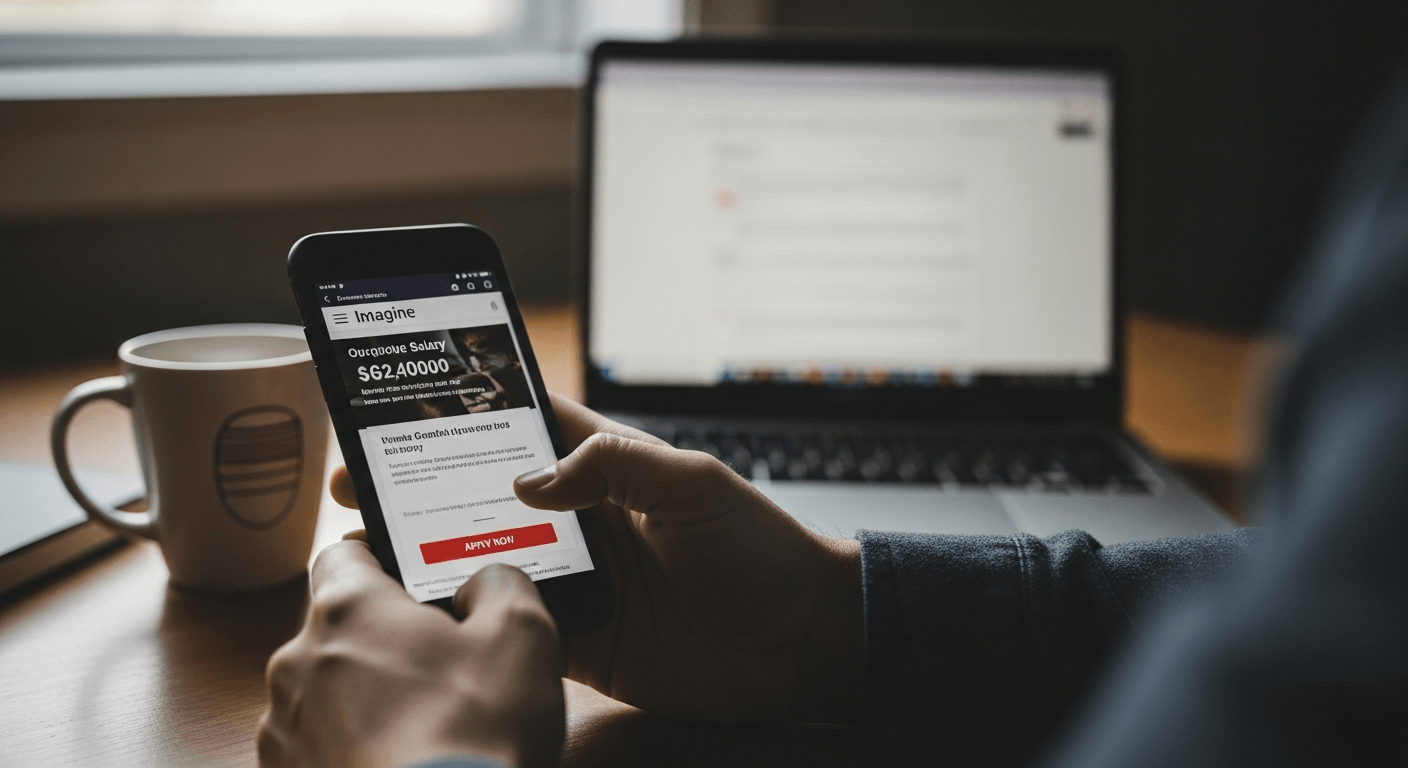 Person examining suspicious cryptocurrency job posting on smartphone at desk with laptop nearby