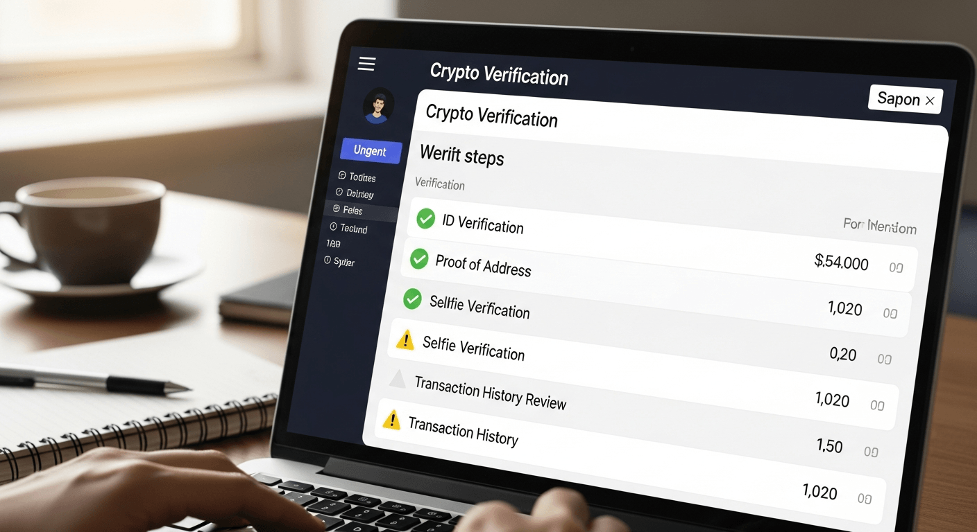 Laptop screen showing crypto platform verification dashboard with security checkmarks and alerts