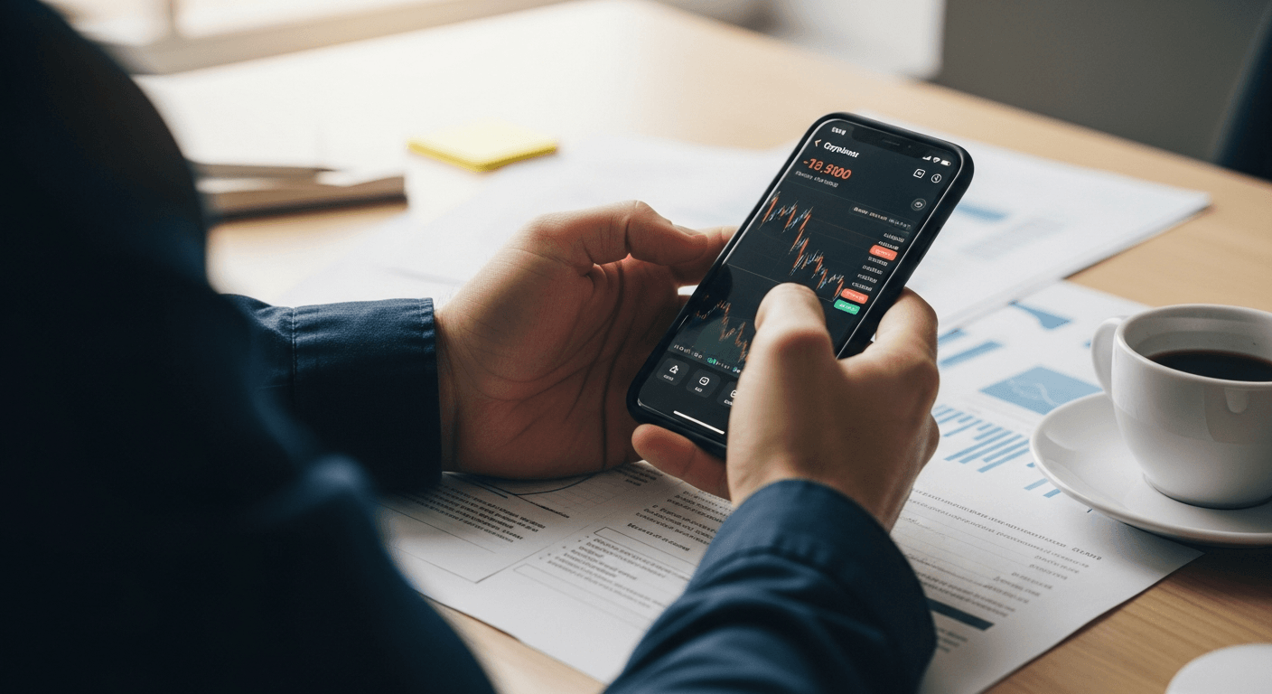 Victim examining declining cryptocurrency wallet balance on smartphone at desk