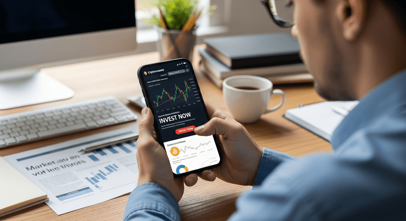 Person examining suspicious crypto investment website on smartphone at desk with documents