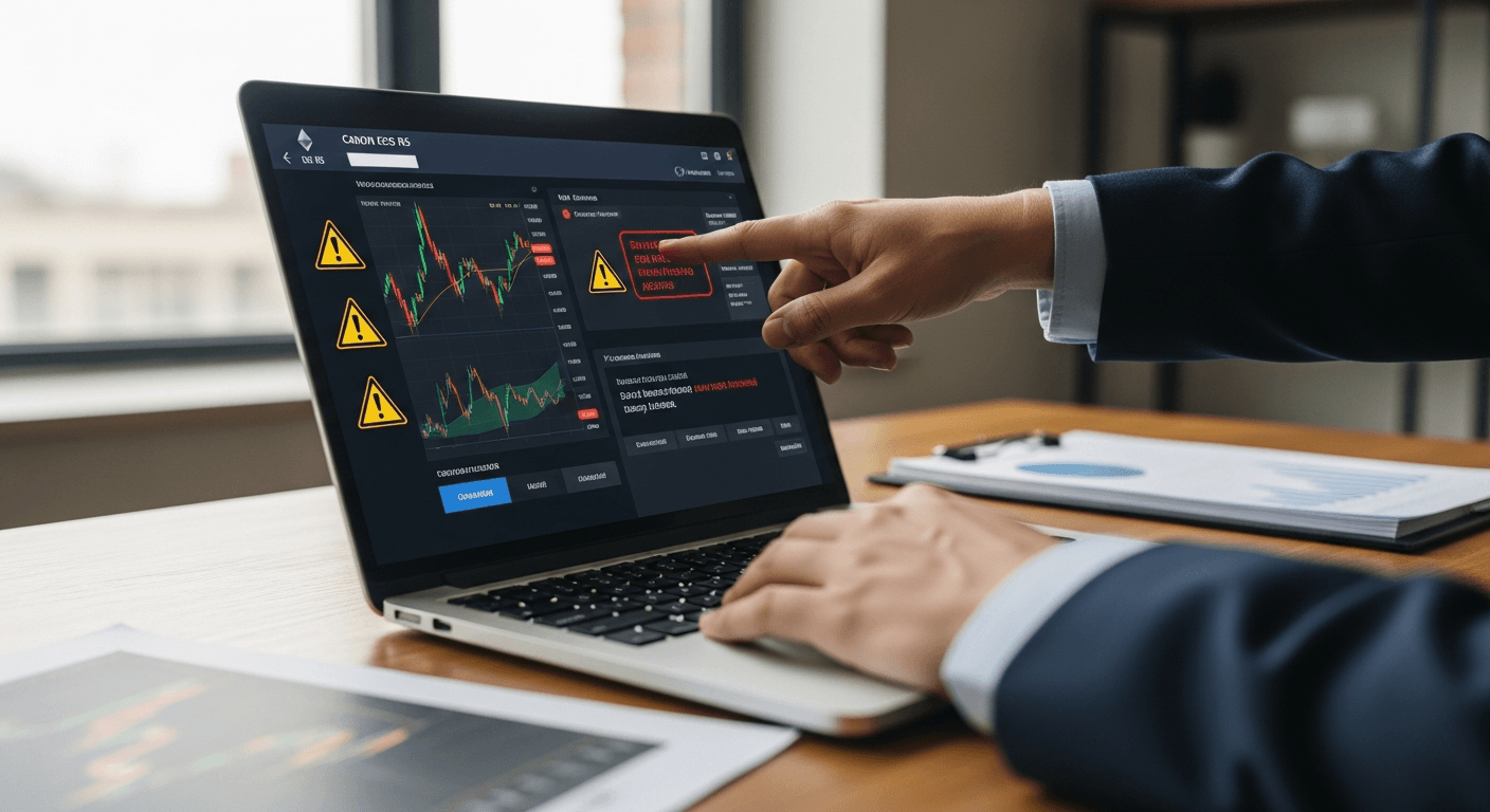 Person examining suspicious cryptocurrency transaction on laptop screen with warning indicators visible