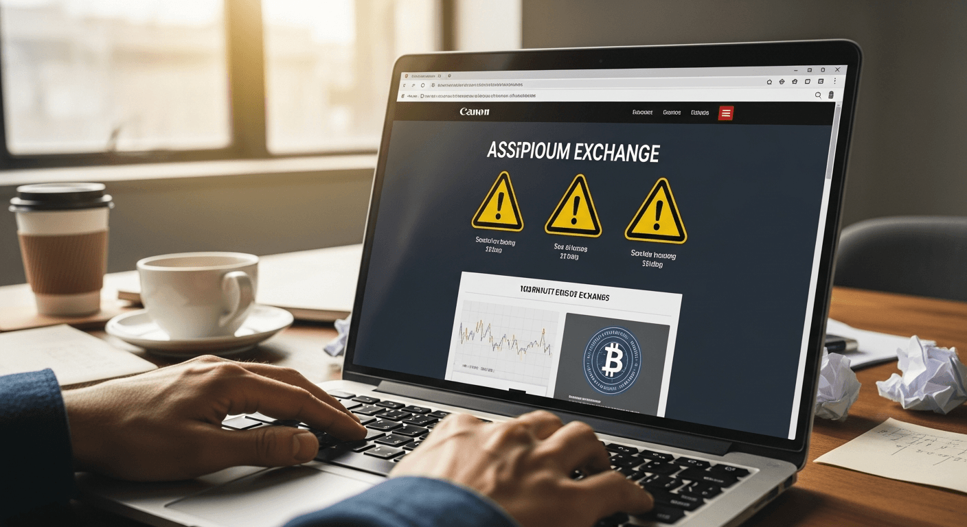 Laptop screen showing suspicious crypto exchange website with hands typing, natural window lighting on desk