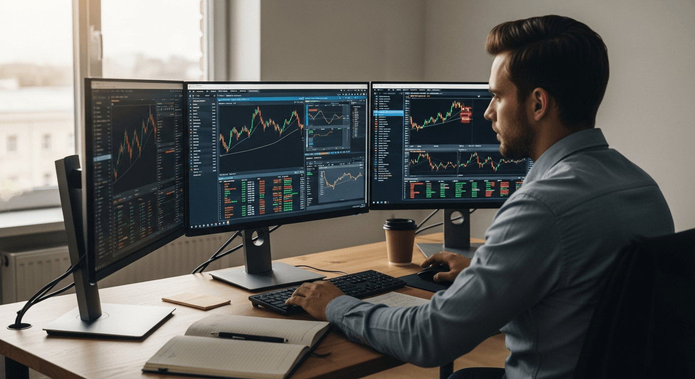 Data analyst reviewing cryptocurrency fraud evidence on multiple computer monitors in office