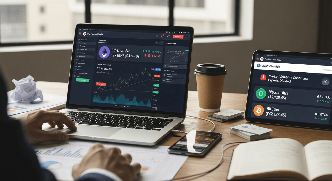 Laptop screen showing fake crypto exchange interface on cluttered desk with papers and coffee