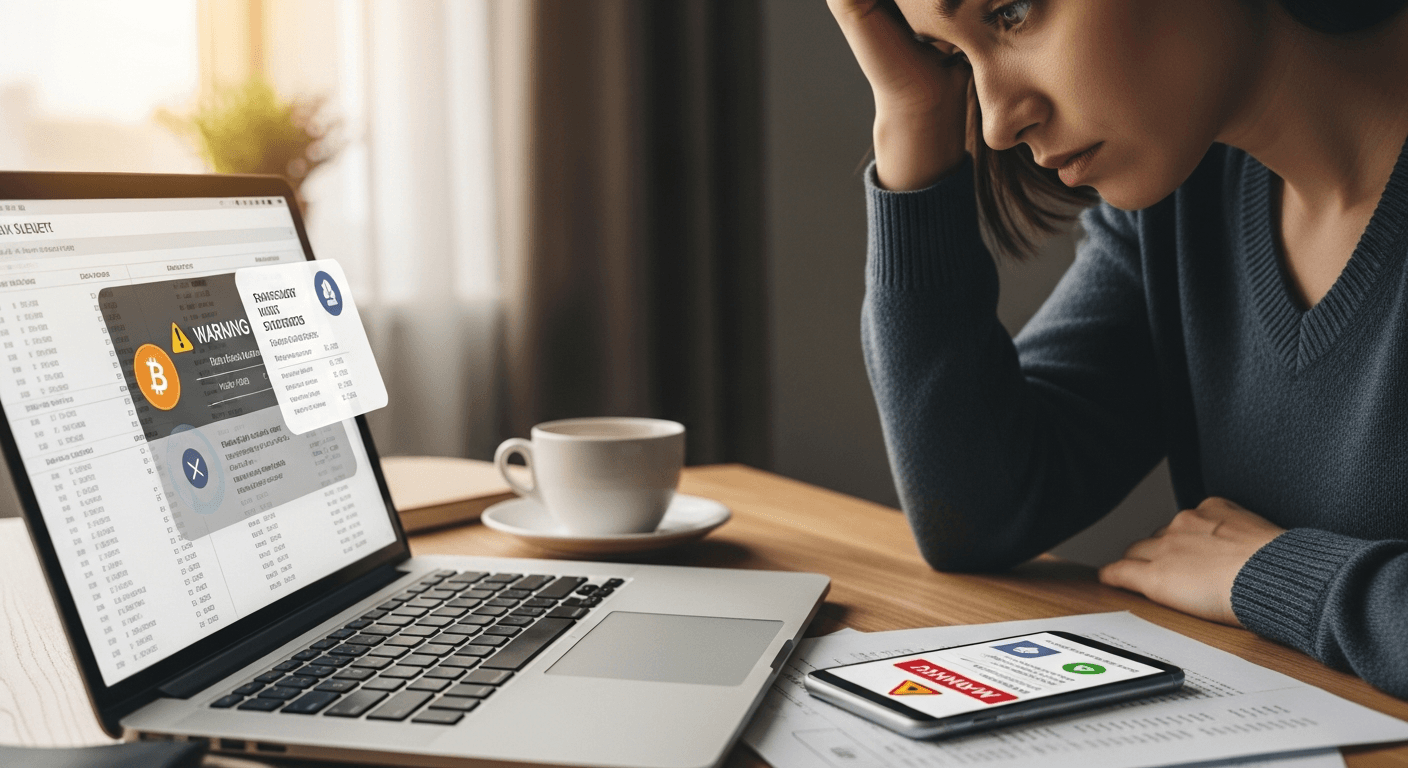 Person reviewing suspicious cryptocurrency transaction alerts on laptop with concerned expression