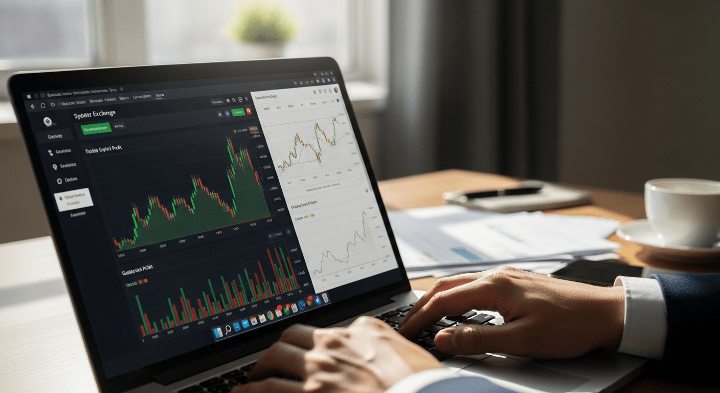 Person at desk reviewing suspicious cryptocurrency trading platform with fabricated profit displays on laptop screen