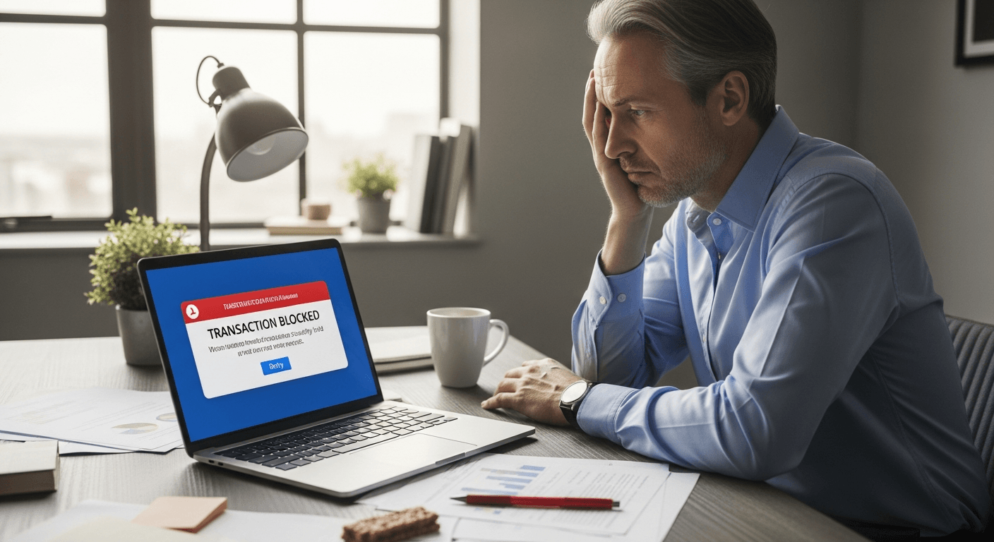 Person at desk viewing blocked cryptocurrency withdrawal message on laptop screen
