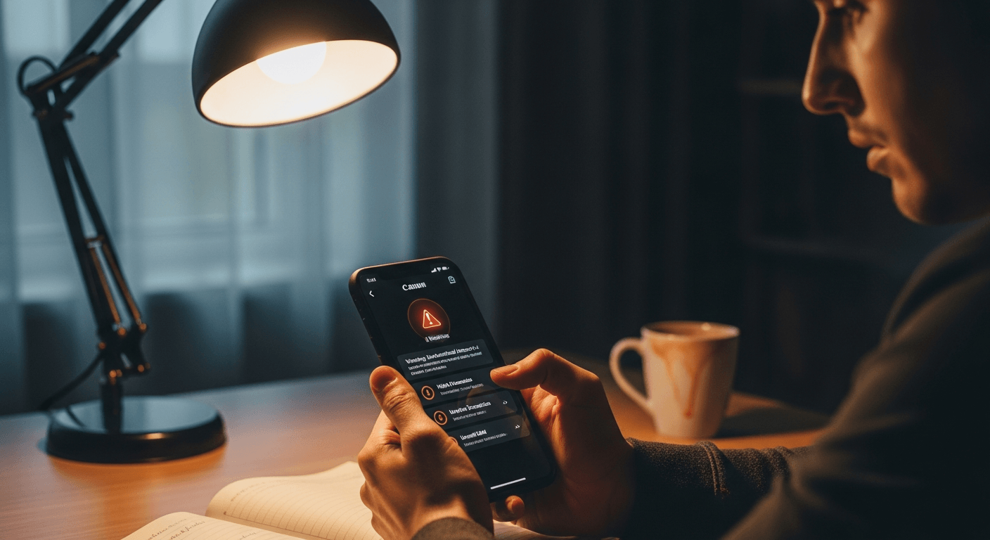 Smartphone screen showing fake crypto wallet app with user's concerned hand, desk lamp lighting