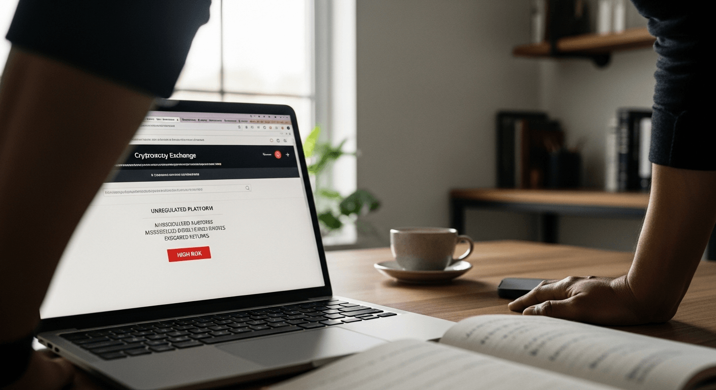 Person examining suspicious cryptocurrency website on laptop screen in home office setting