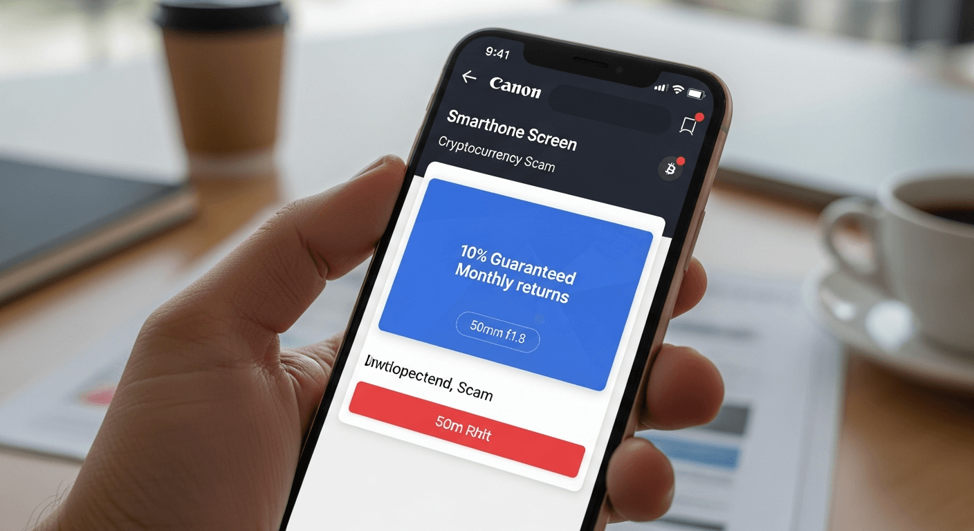 Smartphone screen showing cryptocurrency app with suspicious guaranteed returns popup offer