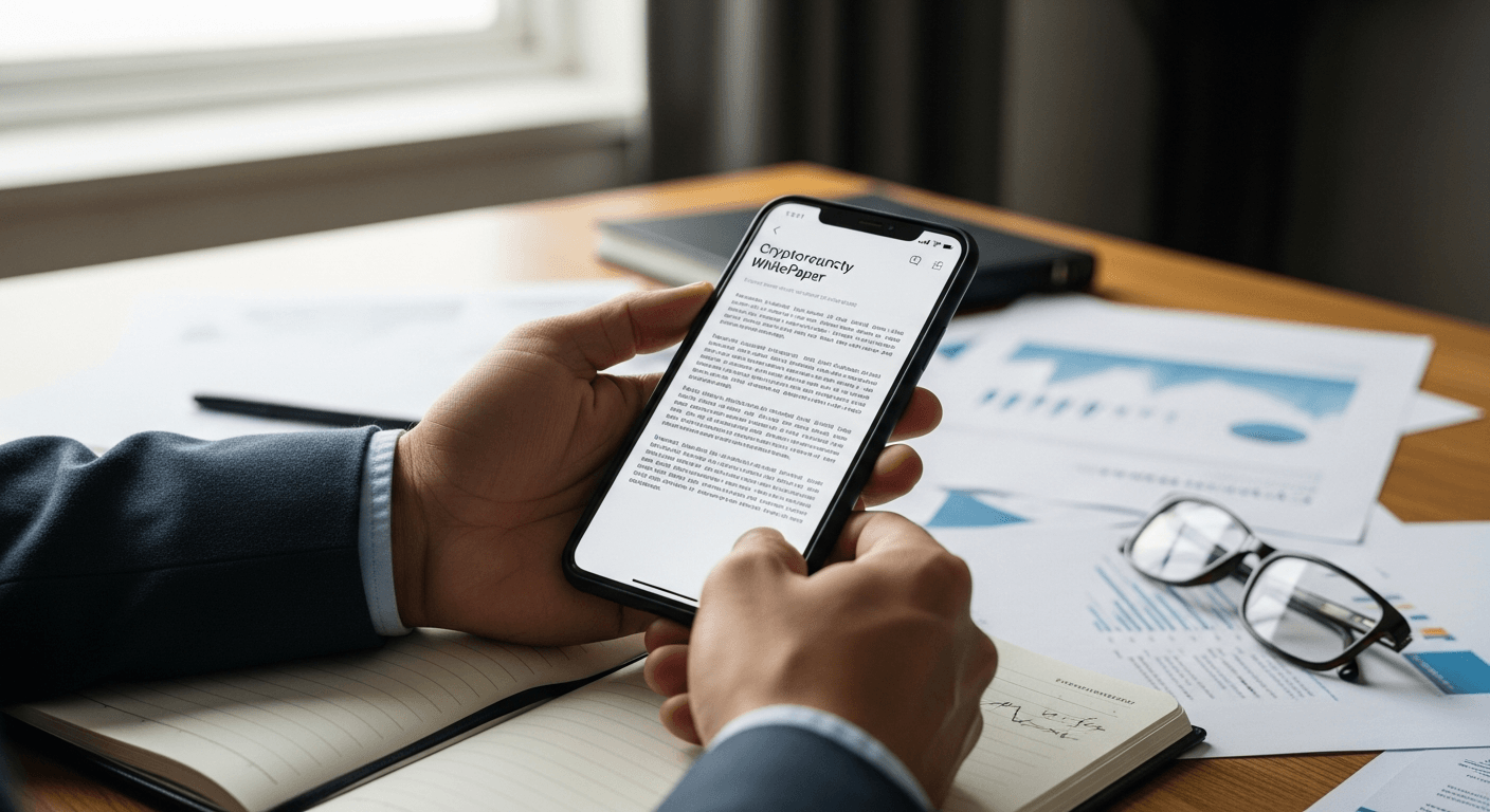 Hands holding smartphone displaying crypto whitepaper with desk research materials visible