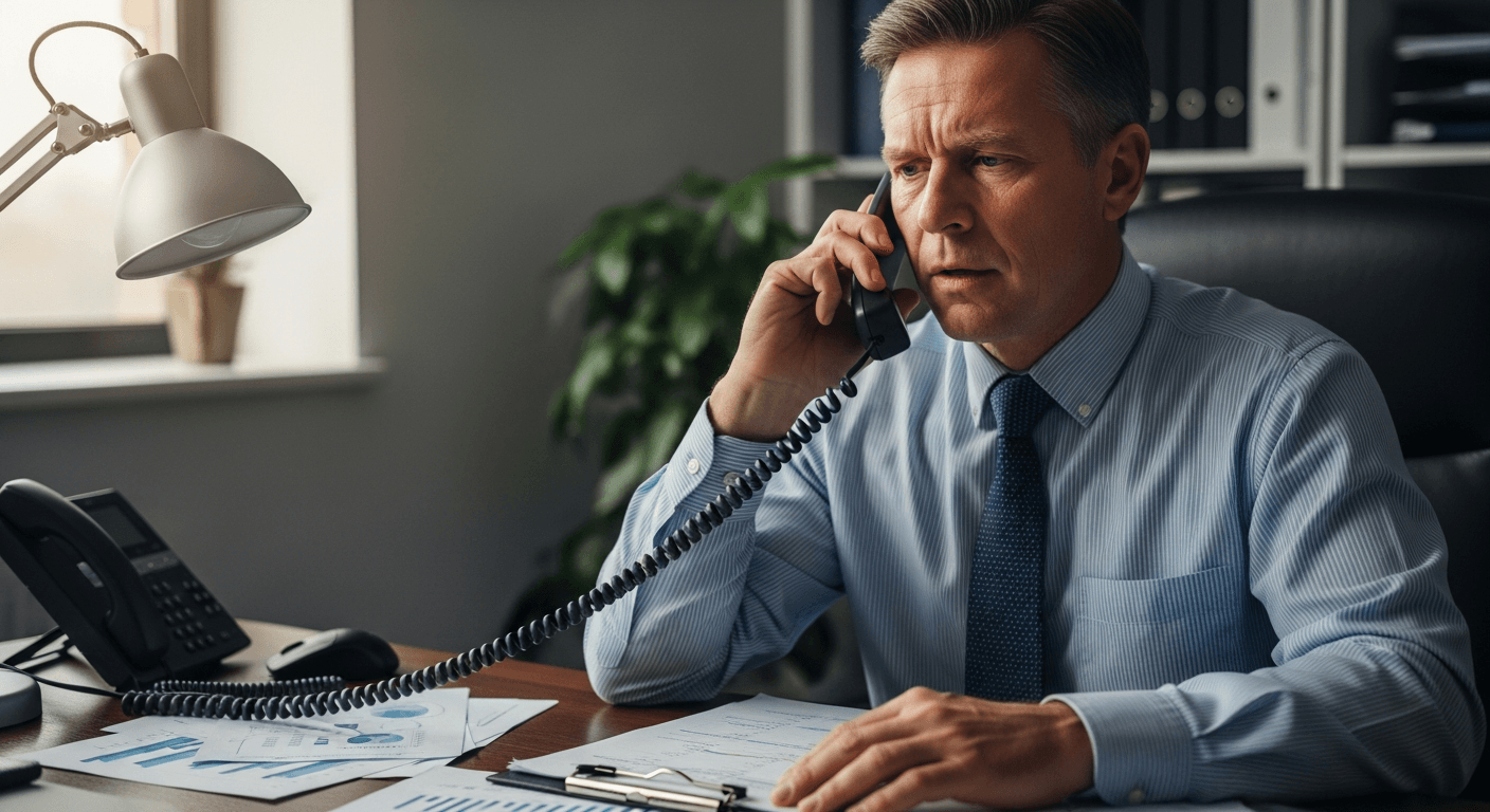 Stressed investor on phone call with scattered financial documents on desk, natural window lighting