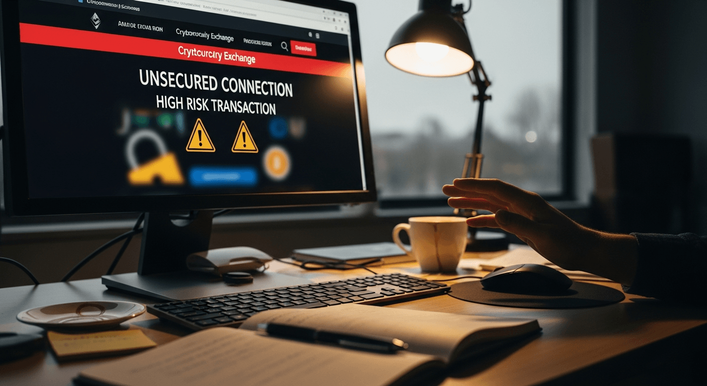 Person examining fake crypto exchange website on computer monitor with warning signs visible