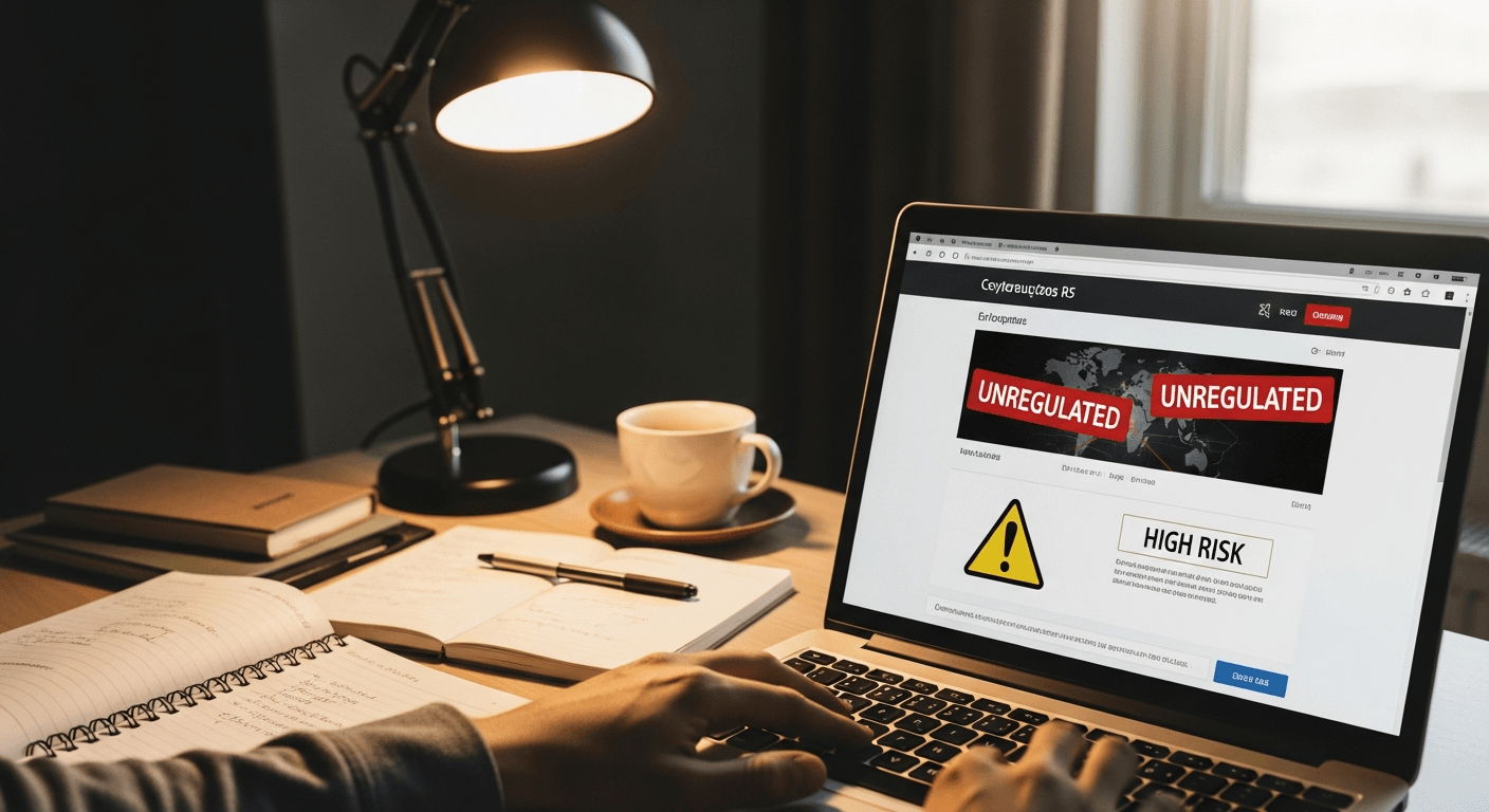 Person examining suspicious cryptocurrency trading website on laptop screen at desk