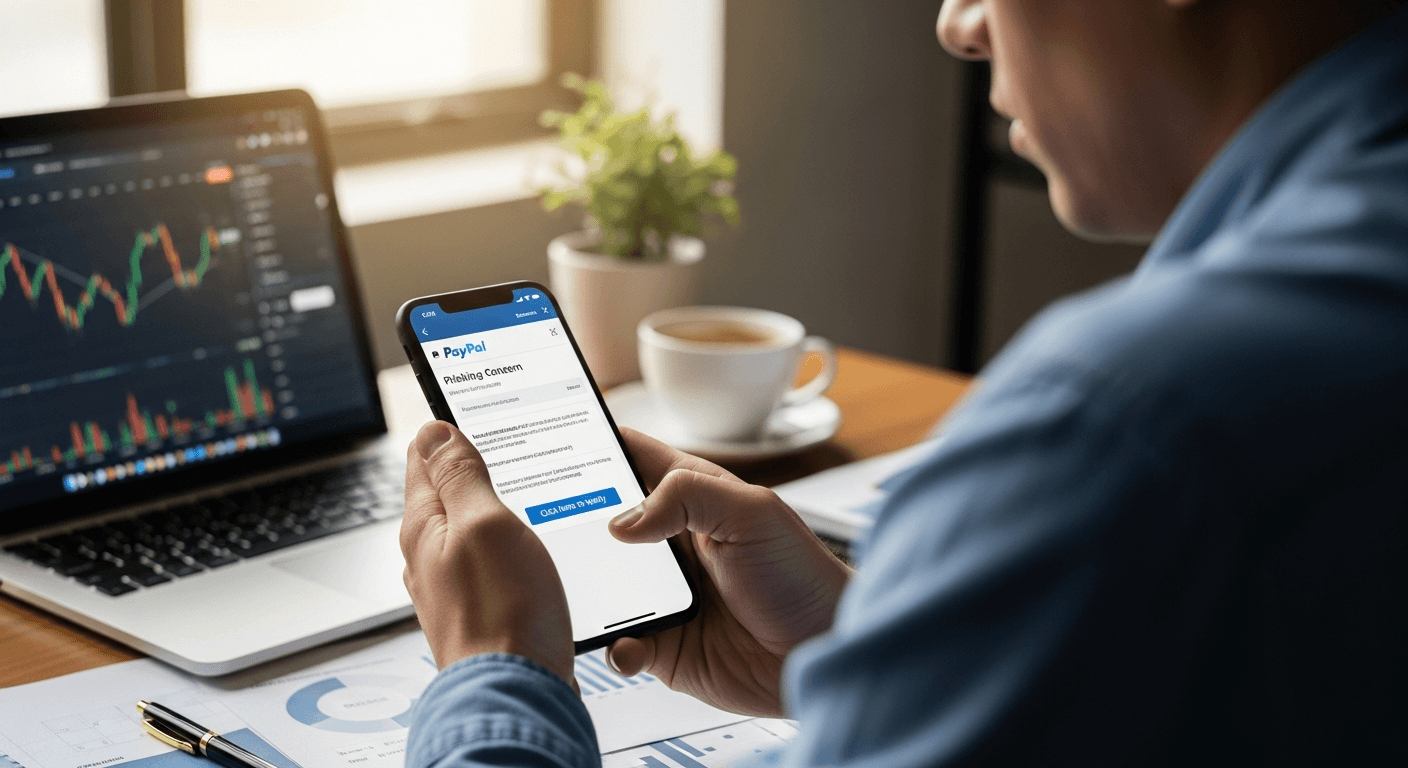 Person examining suspicious PayPal email on smartphone at desk with laptop nearby