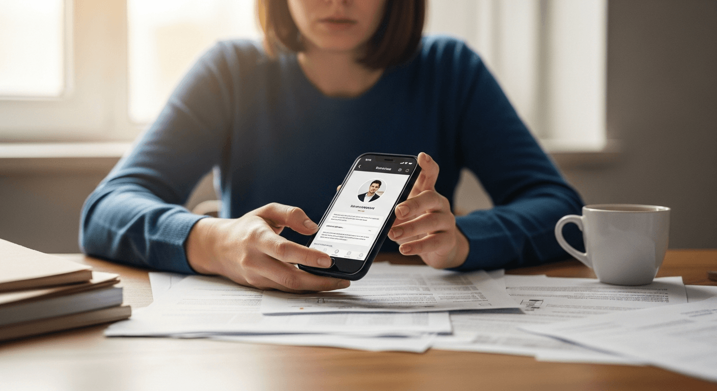 Person reviewing suspicious messages on dating app, desk with coffee and documents nearby