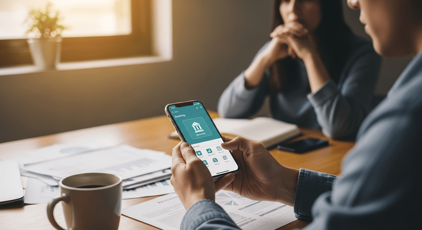 Person reviewing banking app on smartphone at desk during financial emergency