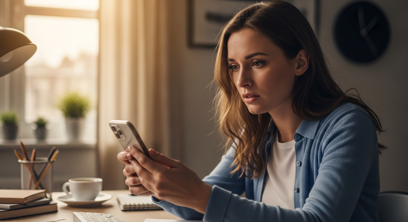 Woman examining suspicious dating profile message on smartphone at home desk