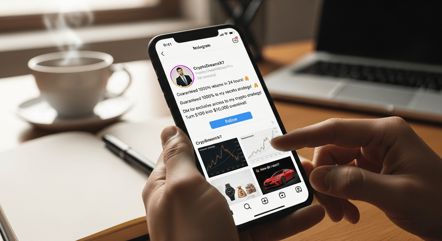 Smartphone screen showing suspicious fake cryptocurrency investment profile on social media platform