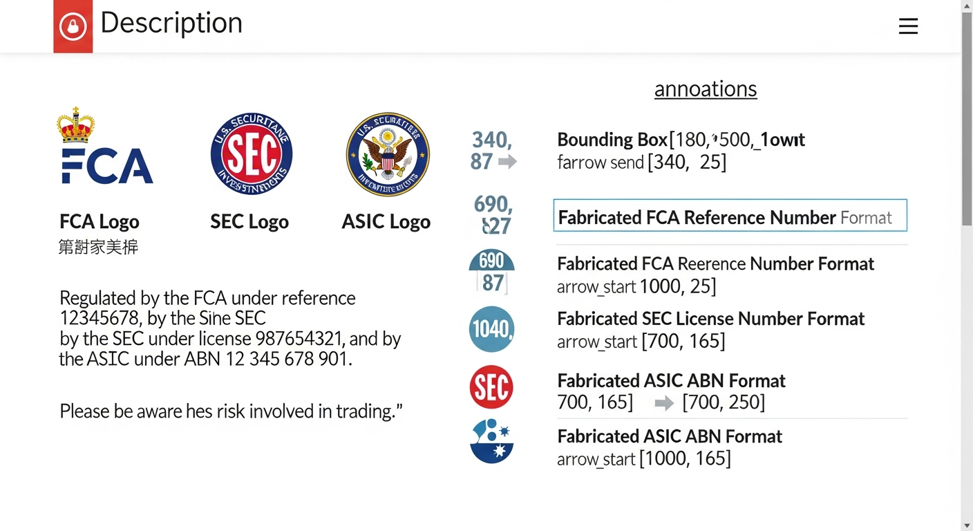 Annotated example of a fake regulatory badge footer (FCA/SEC/ASIC logos) on a scam platform, with callouts identifying the fabricated license number format. Alt: Screenshot of a fraudulent crypto trading site footer displaying forged regulatory authority badges