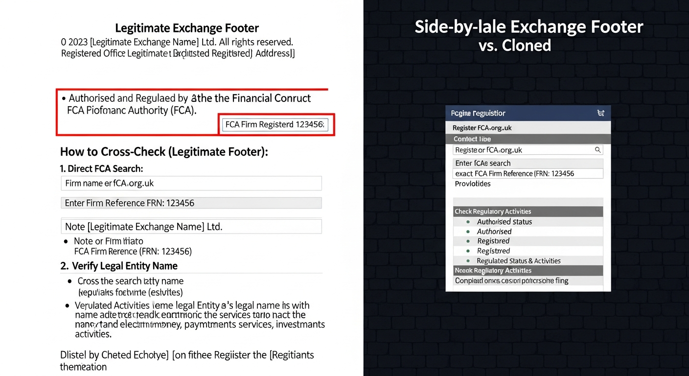 Annotated comparison showing real versus fake regulatory badge in crypto exchange footers