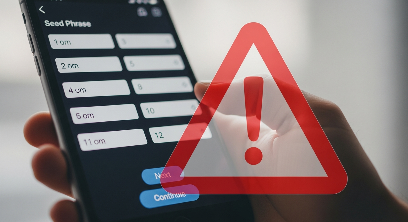 Warning illustration showing seed phrase harvesting risk in fake crypto wallet apps