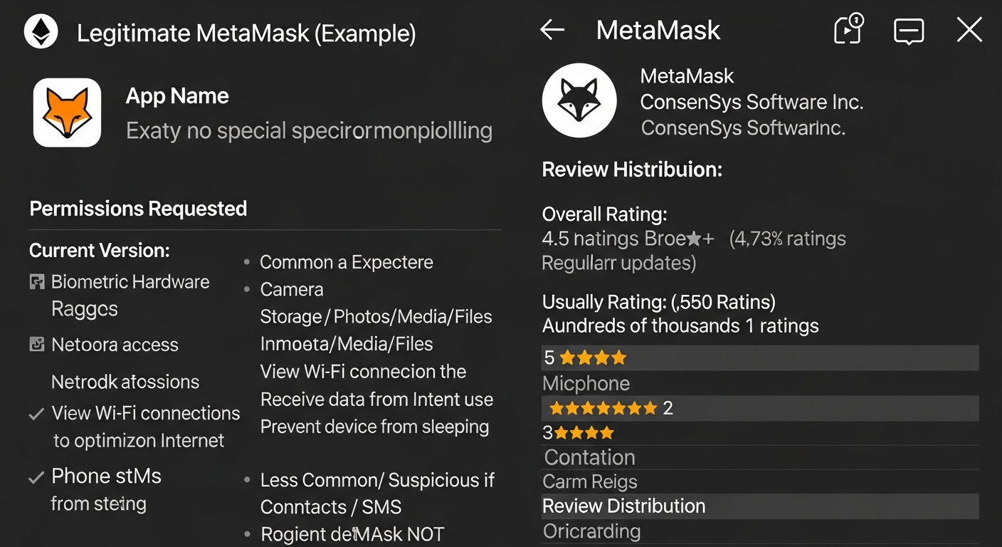 App store listing comparison between real MetaMask and a fake MetaMask clone showing publisher mismatch and review manipulation