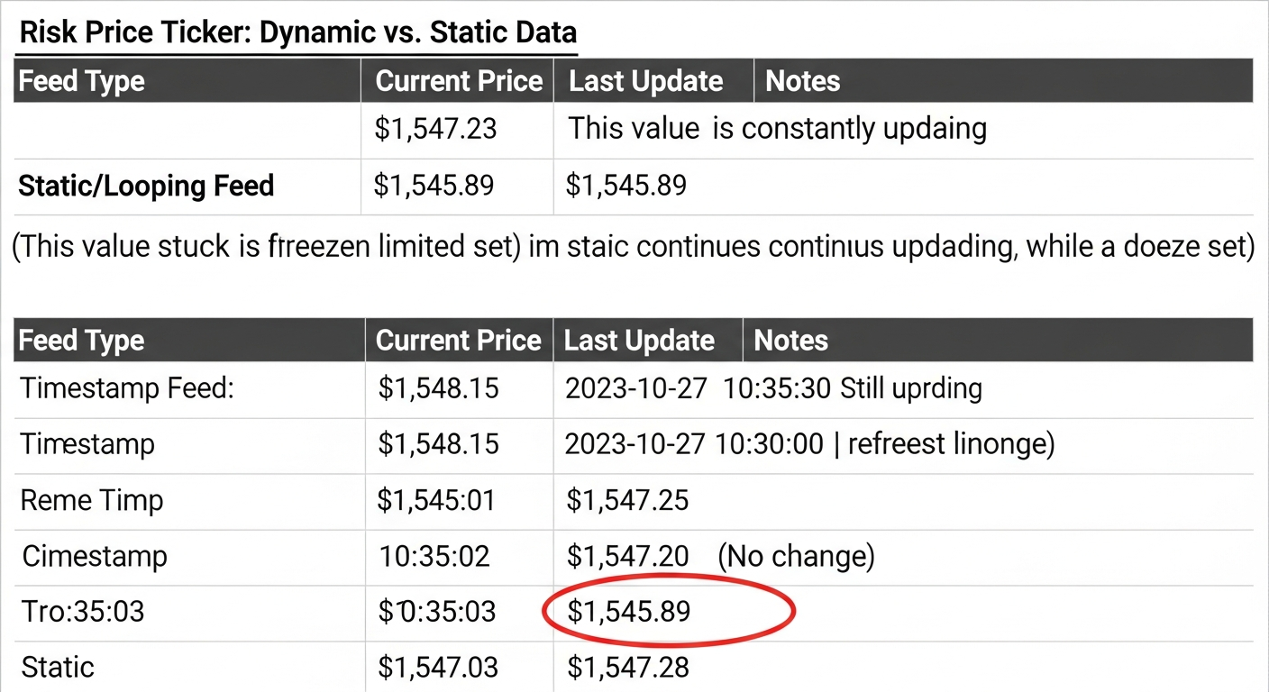 Annotated screenshot comparing a looping fake crypto price ticker to a live fluctuating market feed