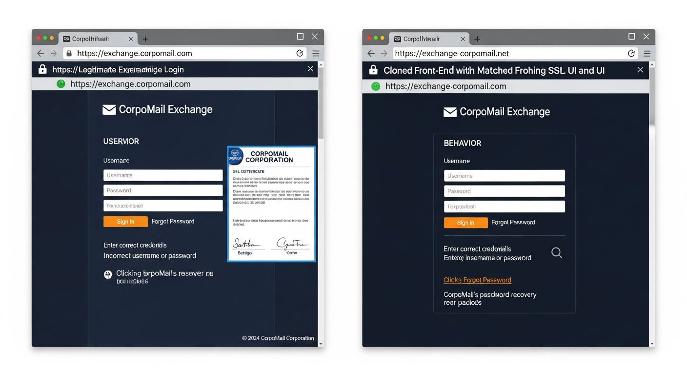 Comparison screenshot showing a real exchange interface next to a fraudulent clone