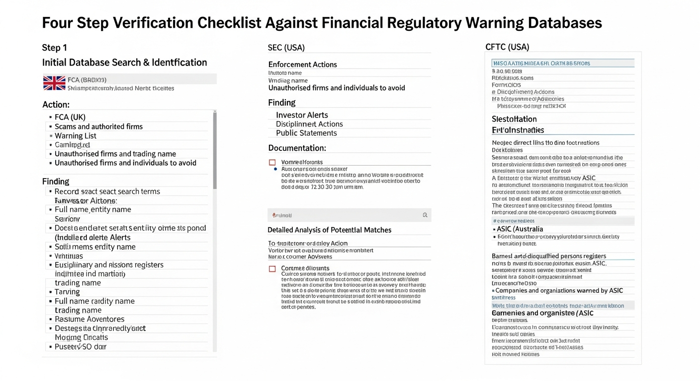 Checklist graphic for cross-referencing a crypto platform against four regulator warning lists