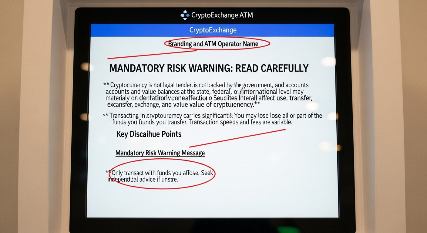 Crypto ATM kiosk screen showing a pre-transaction fraud warning message advising users that government agencies do not accept cryptocurrency payments