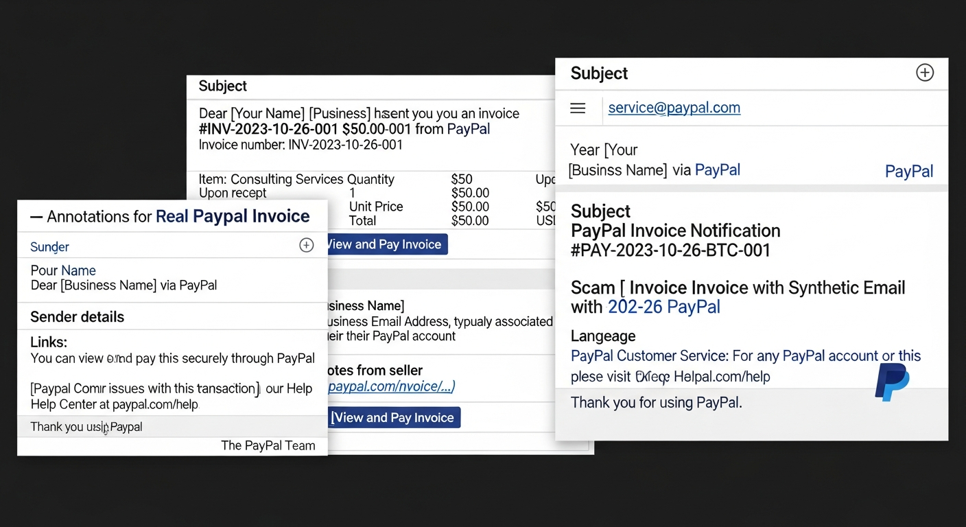 Annotated comparison of real versus hijacked PayPal invoice emails showing why spam filters cannot distinguish them