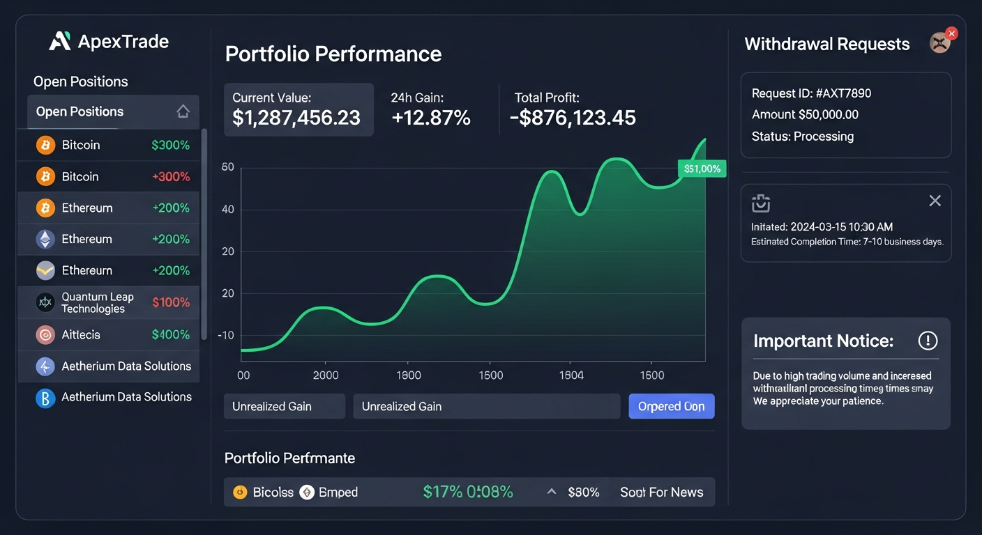 Mockup of a scam crypto dashboard displaying fictional gains and a blocked withdrawal screen