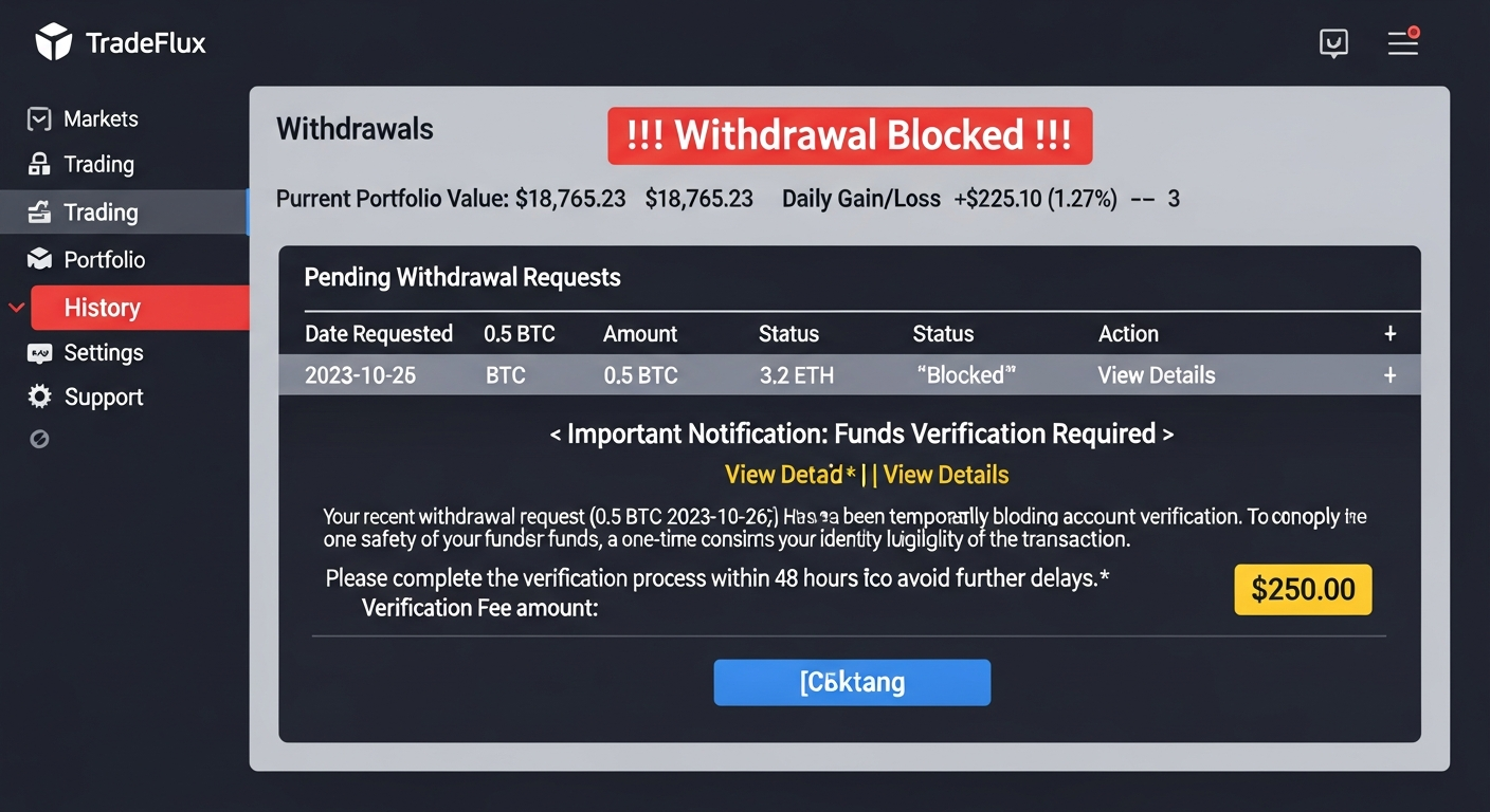 Fake crypto exchange interface stalling a cash-out request behind an unexpected fee demand